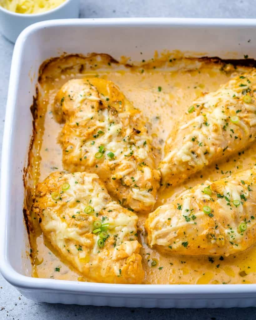 buffalo chicken bake in white dish 