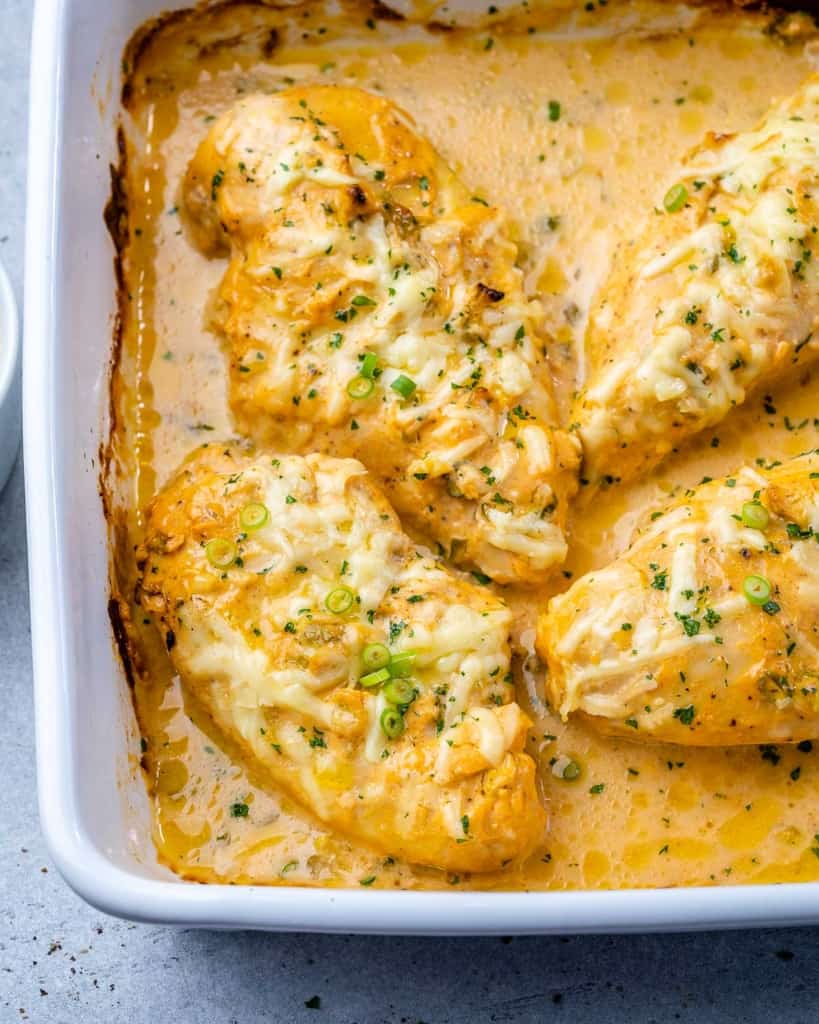 casserole dish filled with chicken and buffalo ingredients