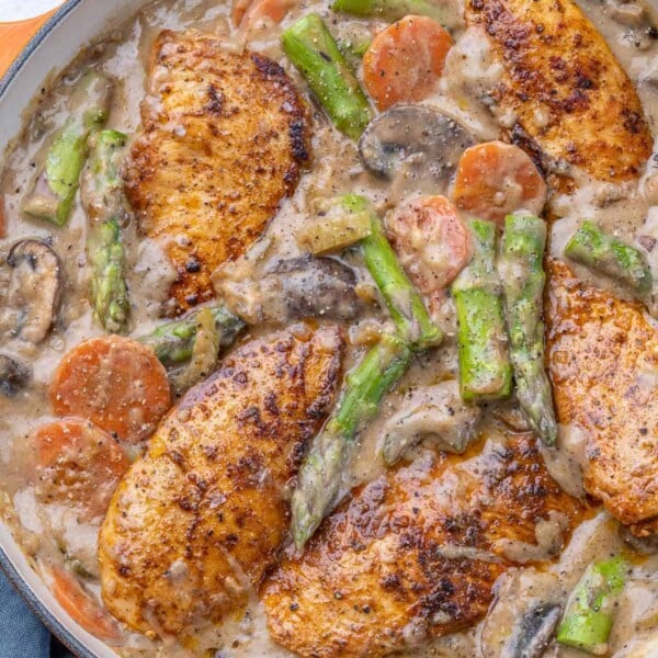 top view chicken fricassee in a pan