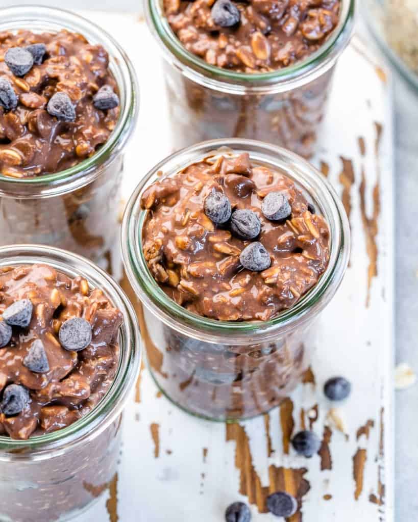 Jars of chocolate and oats with chocolate chips