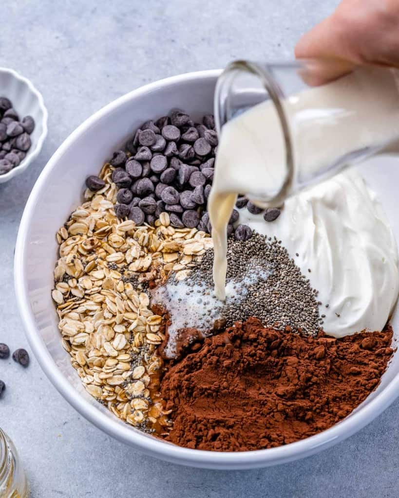 Bowl of oats, cacao powder, chia seeds, yogurt, chocolate chips, and milk 