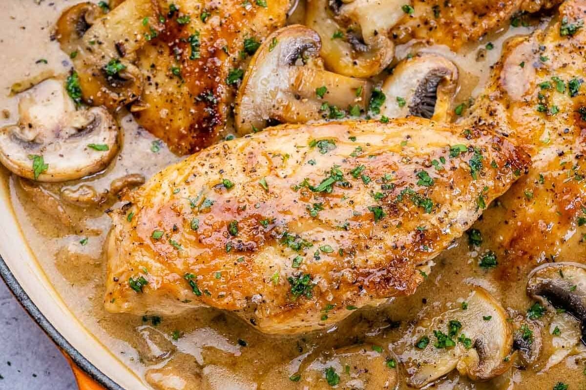 Chicken covered in balsamic sauce and mushrooms
