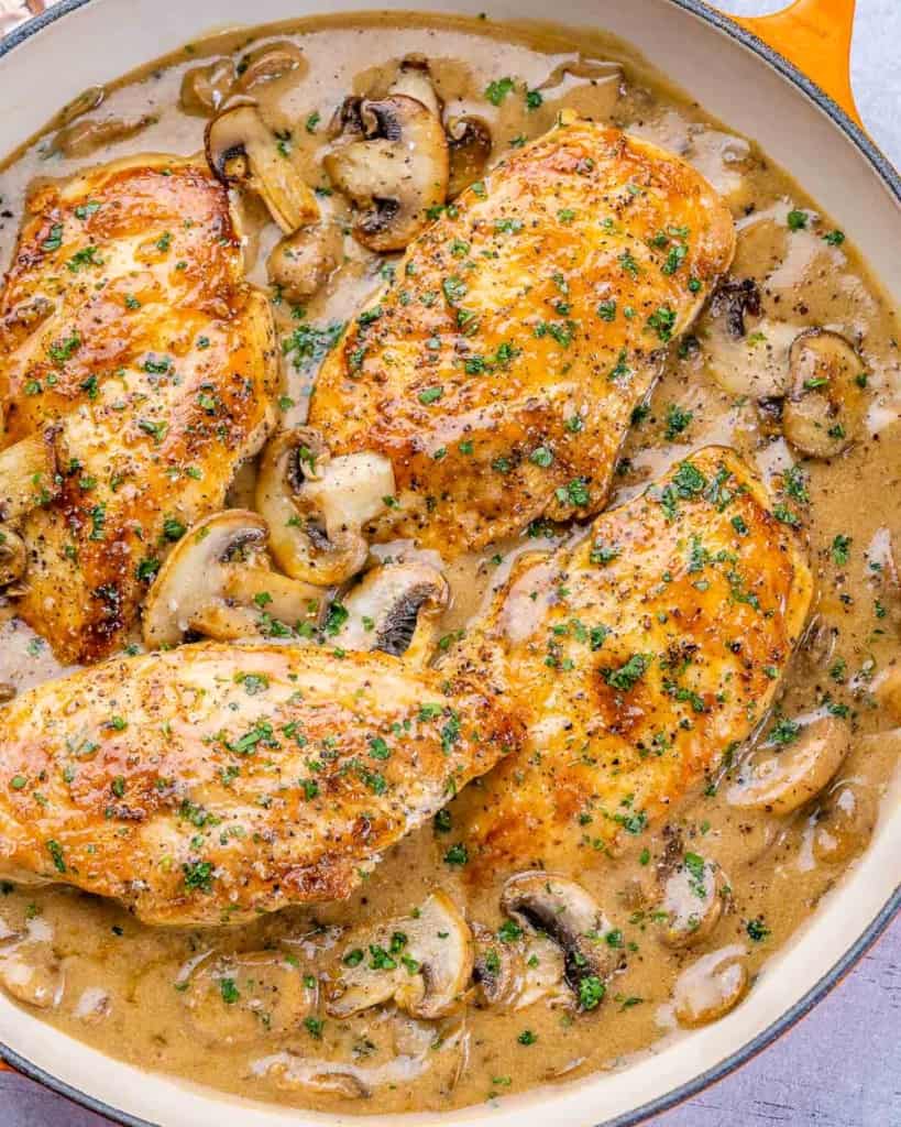 Top view of creamy balsamic chicken skillet