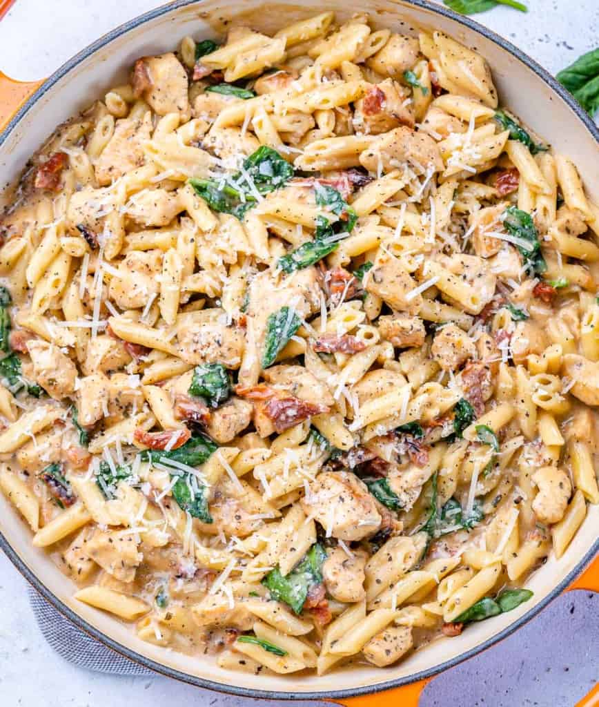 top view creamy chicken pasta in a pan