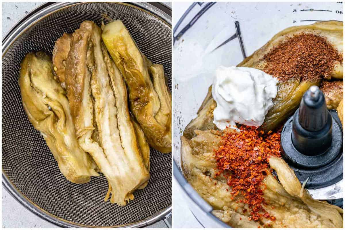 process shot to add the eggplant and baba ganoush ingredients to the food processor.