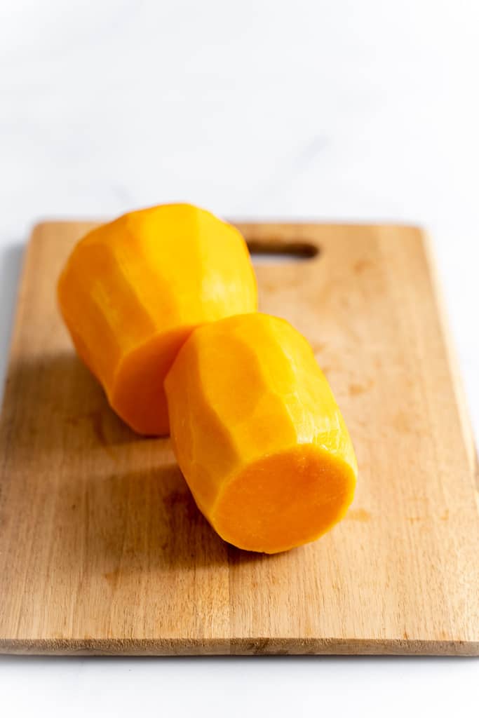 Two halves of a butternut squash.