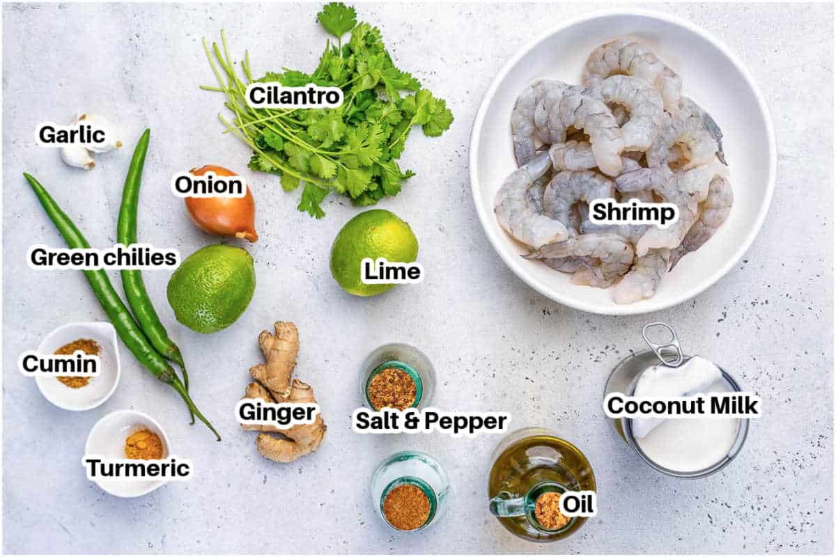 Ingredients to make green shrimp curry.