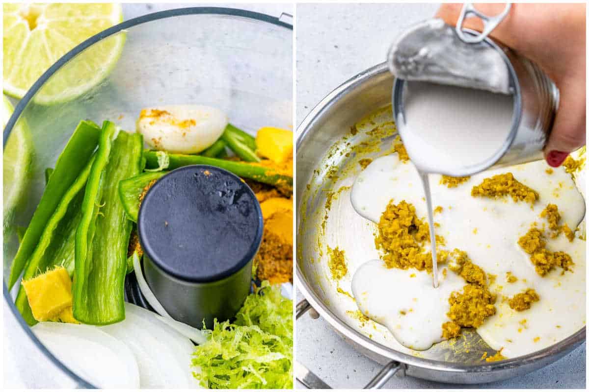 process shot to make the green curry paste and sauce in a skillet.