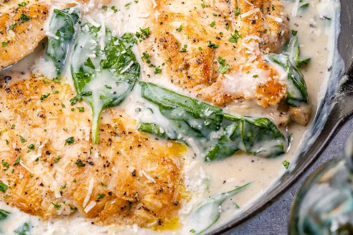chicken breasts in sauce with spinach.