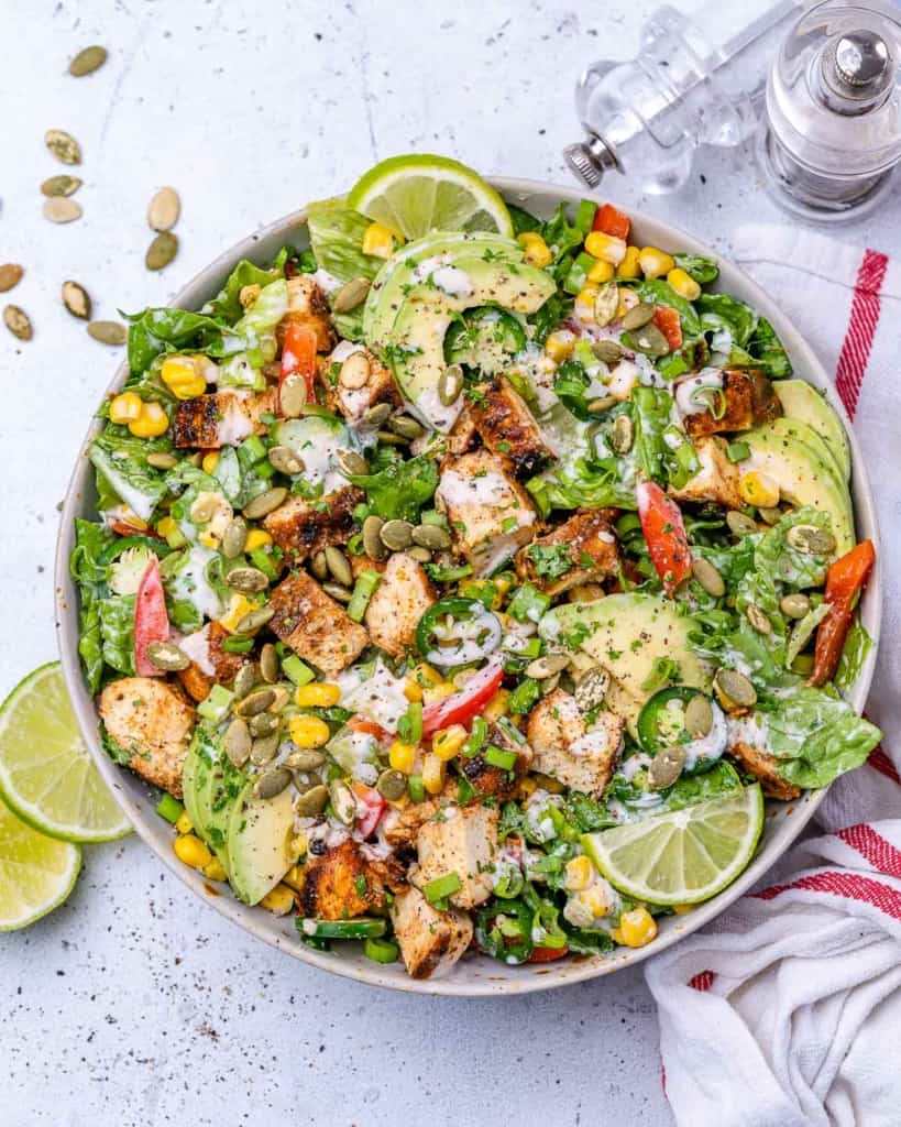 top view chicken salad in a white bowl