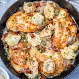 top view of Mediterranean chicken in a skillet
