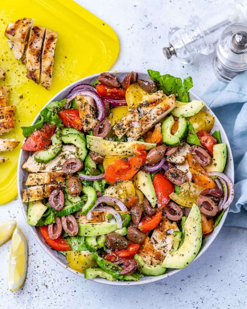 salad bowl with chicken slices 