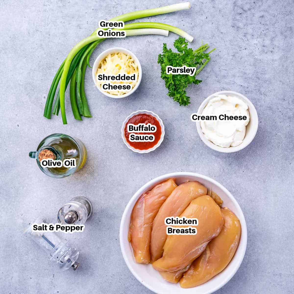 ingredients for buffalo chicken bake.