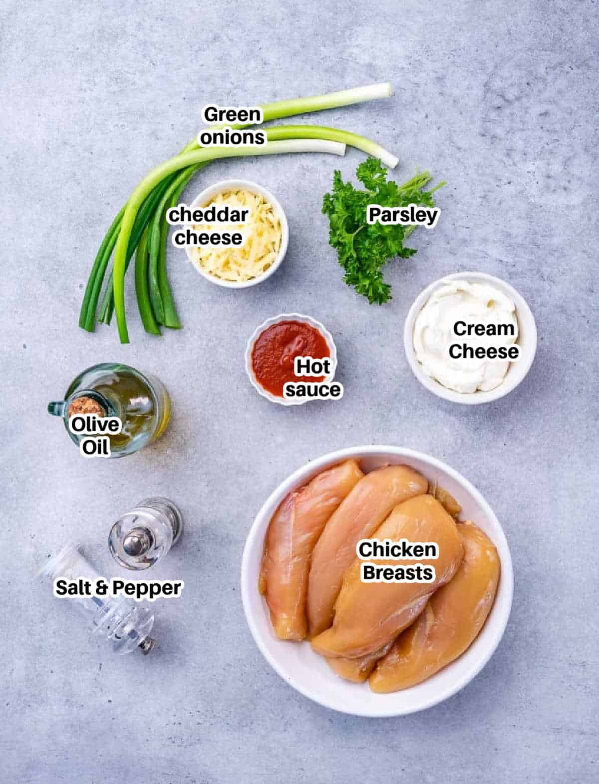 Ingredients to make buffalo chicken bake. 