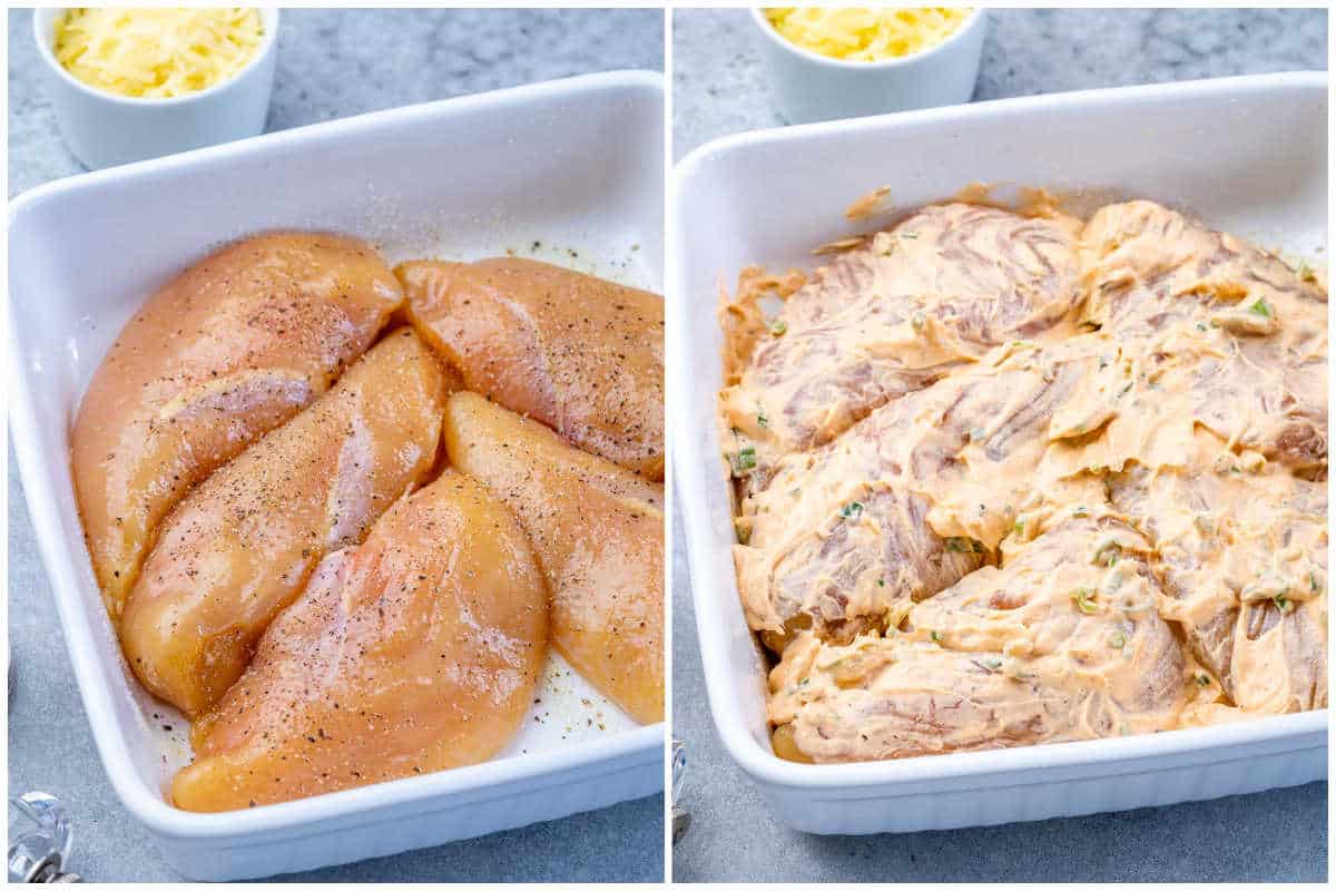 Process the chicken to season and marinate it, and place it in a baking dish.