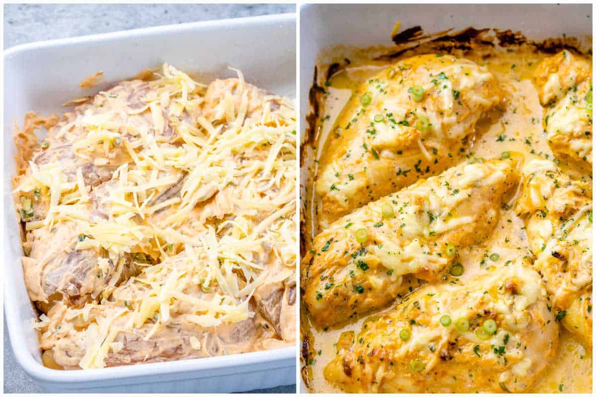 process shot to adding shredded cheese over the marinated chicken and baking.