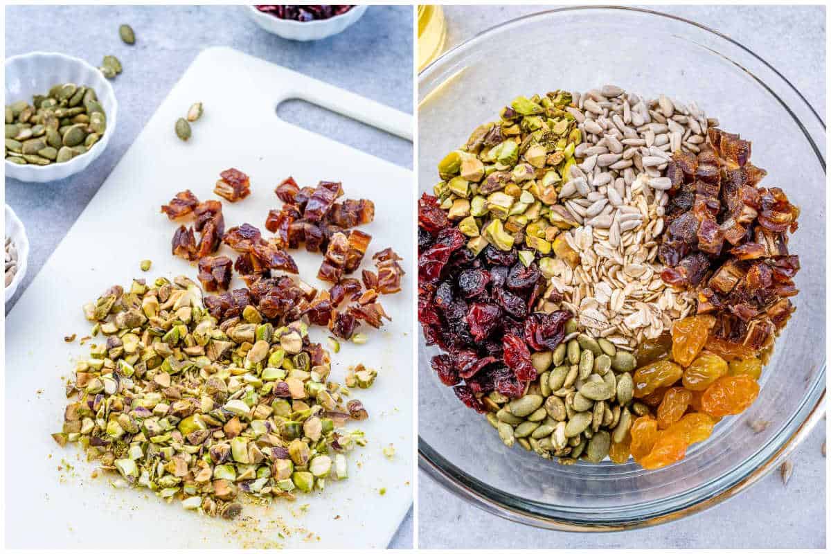 process shot to chop the ingredients for granola bar and adding to a bowl.