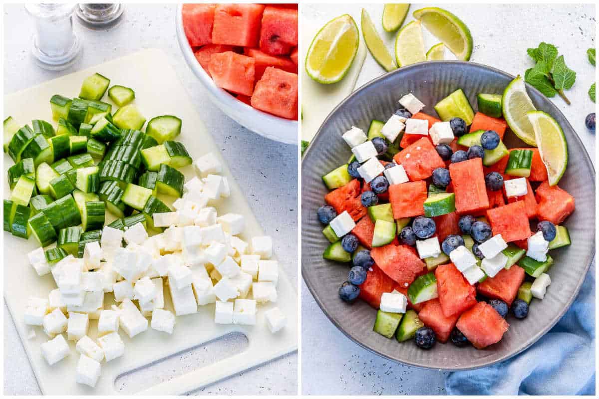 process shot to chop the cucumbers and feta salad, and then adding to a bowl with watermelon and blueberries.