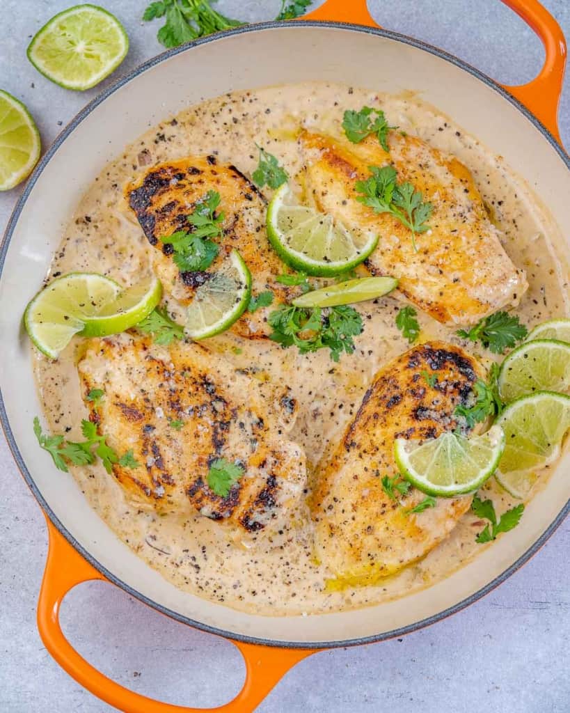 one pan of chipotle chicken with limes and cilantro