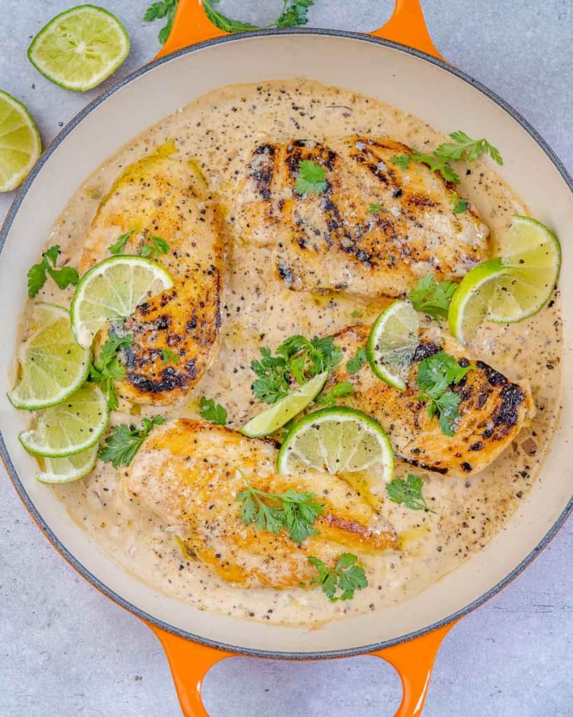 one pan with chipotle chicken and limes