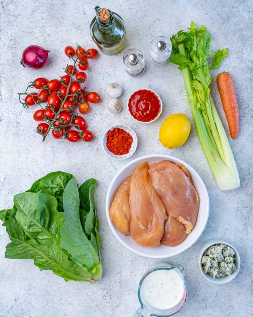 ingredients to make the grilled buffalo chicken salad 