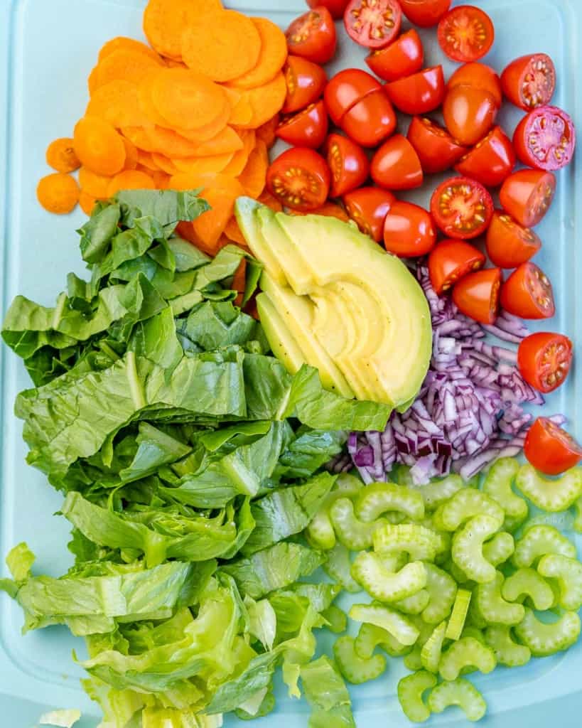 chopped veggies and avocado for the grilled  chicken salad