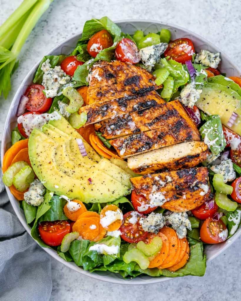 top view grilled buffalo chicken salad