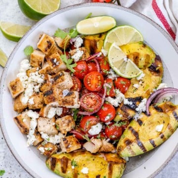 top view grilled chicken avocado salad