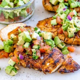 side shot of sliced grilled chicken breast