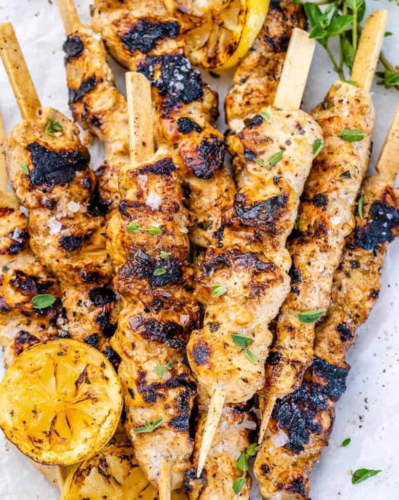 grilled lemon and pepper chicken skewers on kabobs