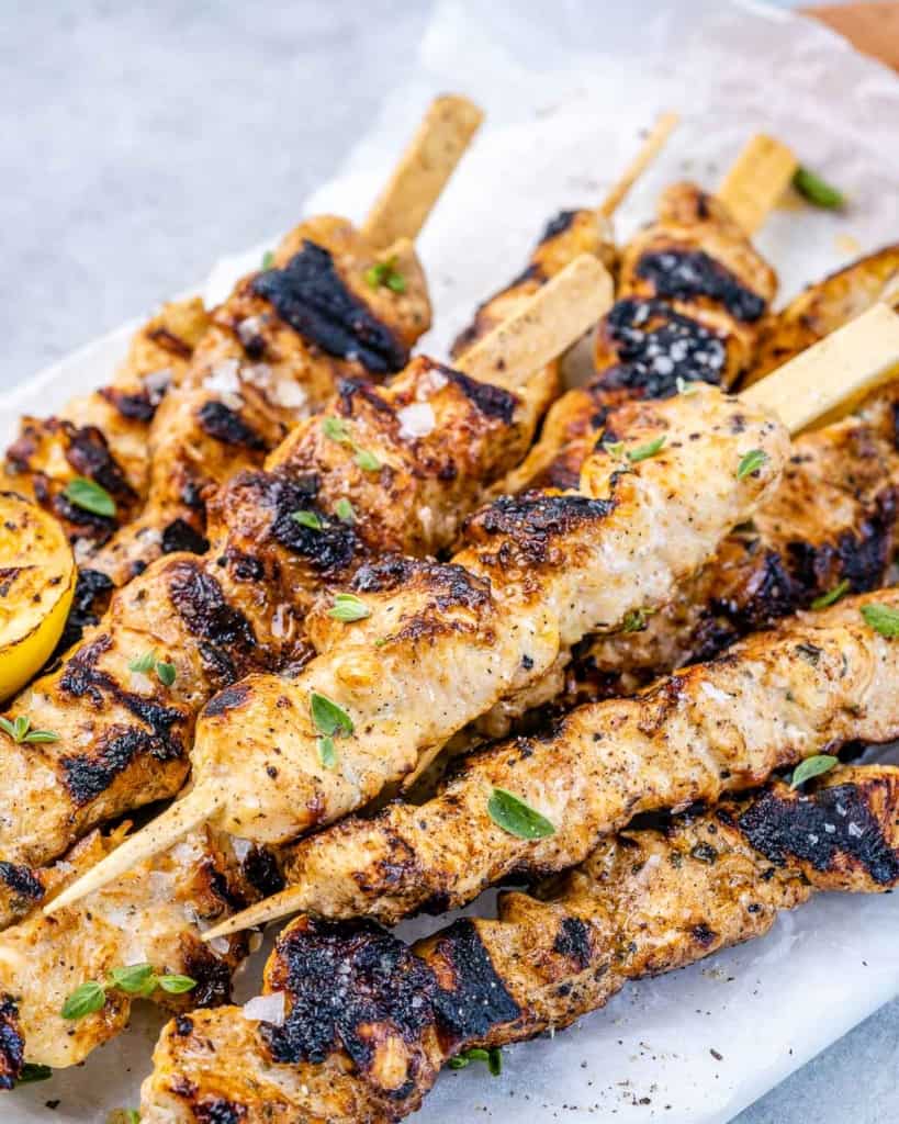 top view of grilled lemon chicken kabobs