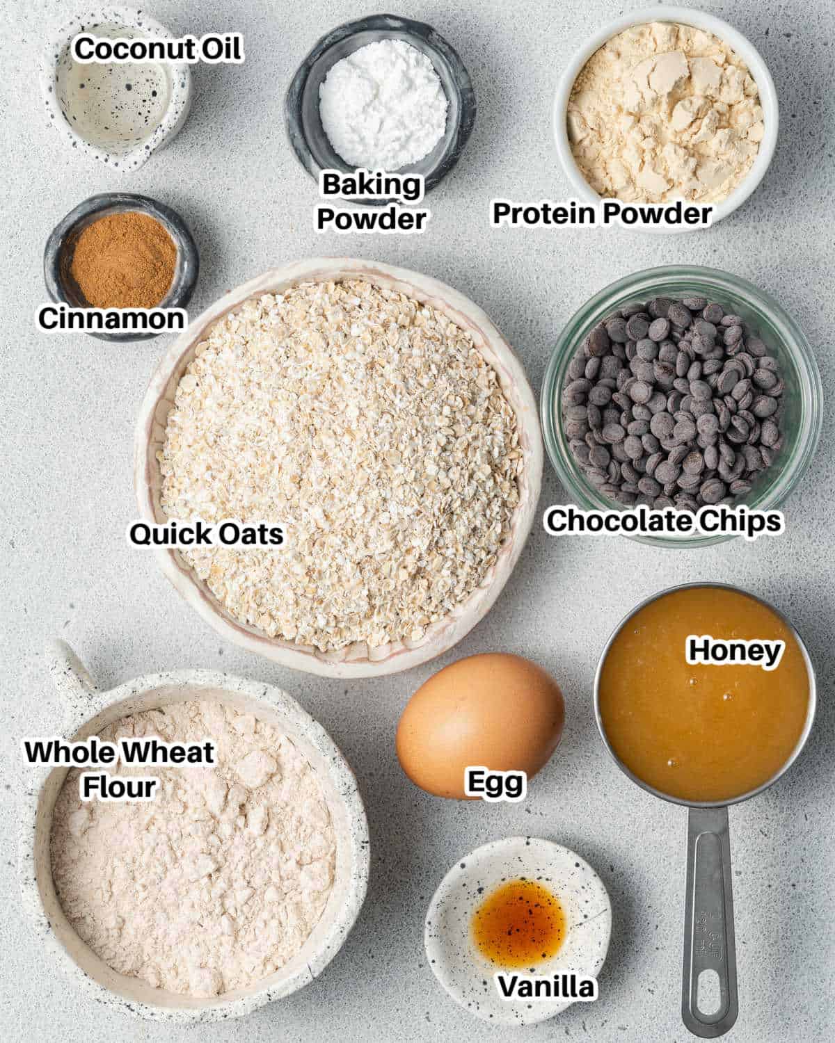 ingredients to make chocolate chip oatmeal cookies.