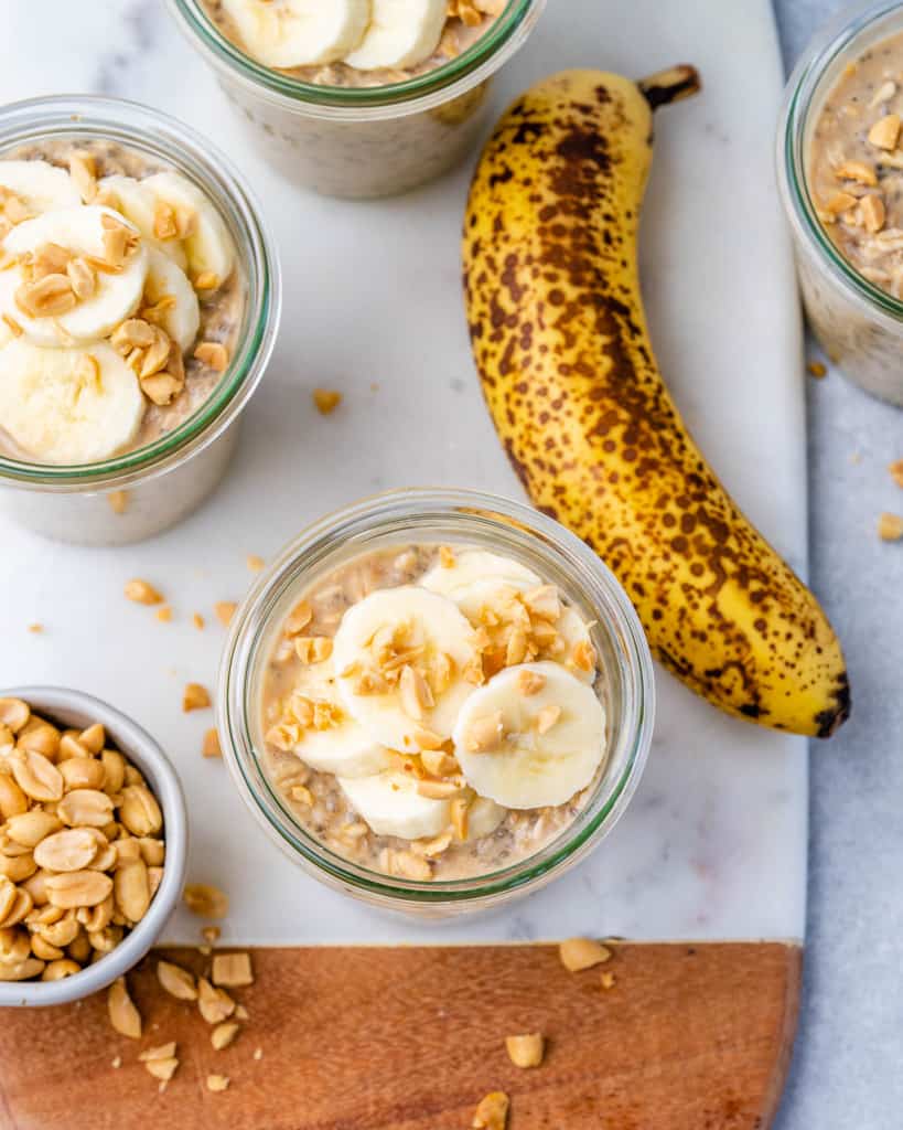 top view of overnight oats with banana and peanuts