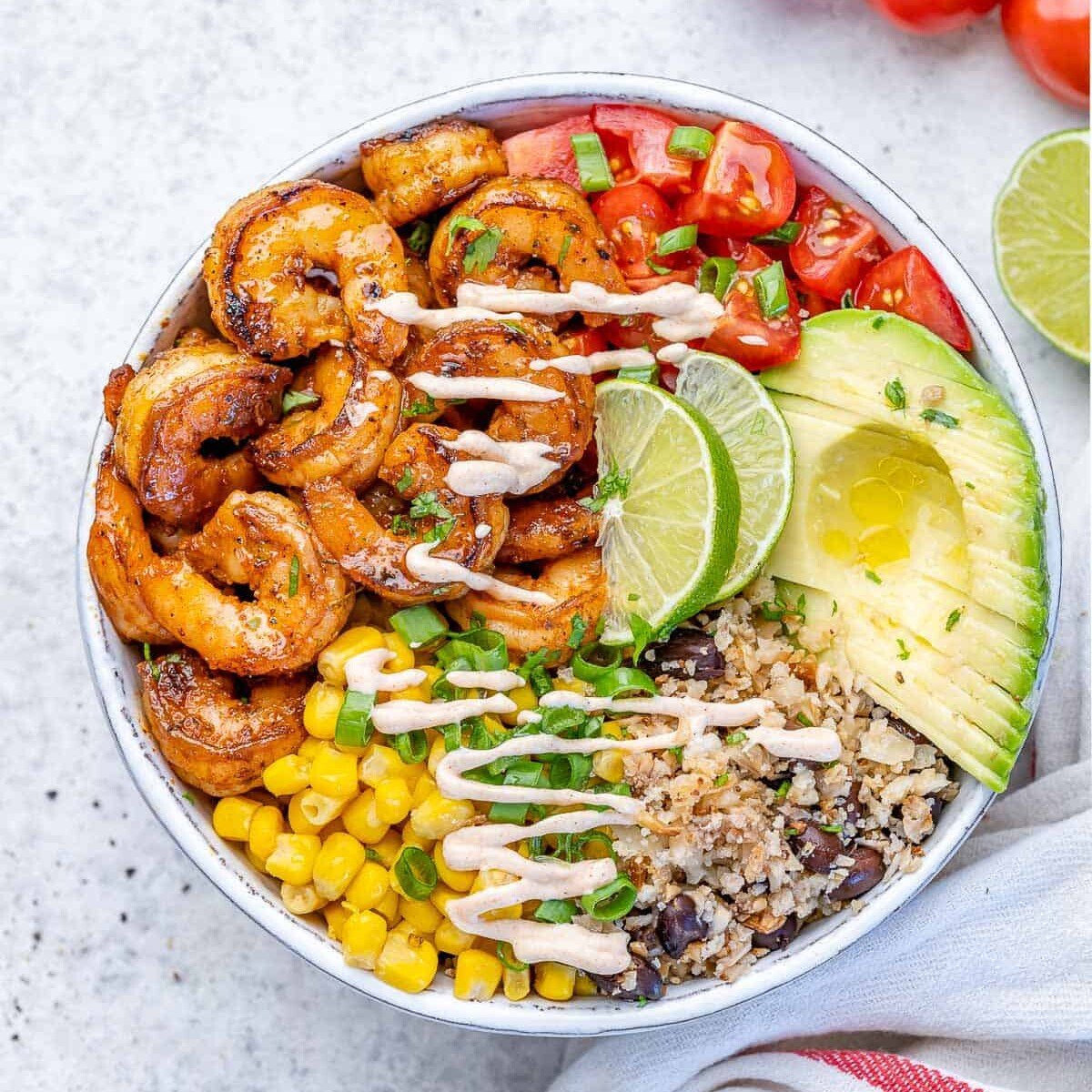 top view shrimp burrito with cauliflower rice