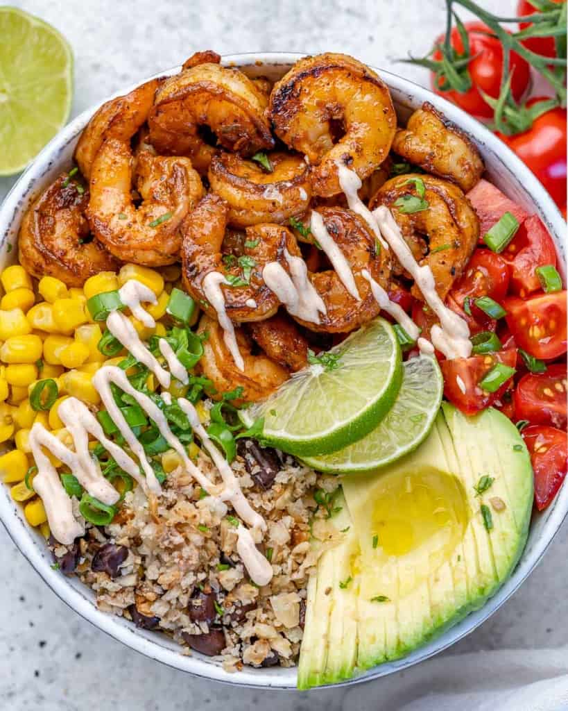 top view burrito bowl with shrimp