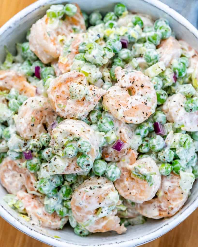 close up creamy shrimp salad 
