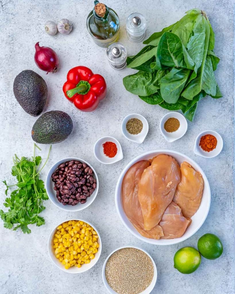 ingredients lined up to make the chicken taco bowl