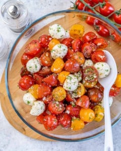 top view tomato salad bowl with mozzarella cheese balls