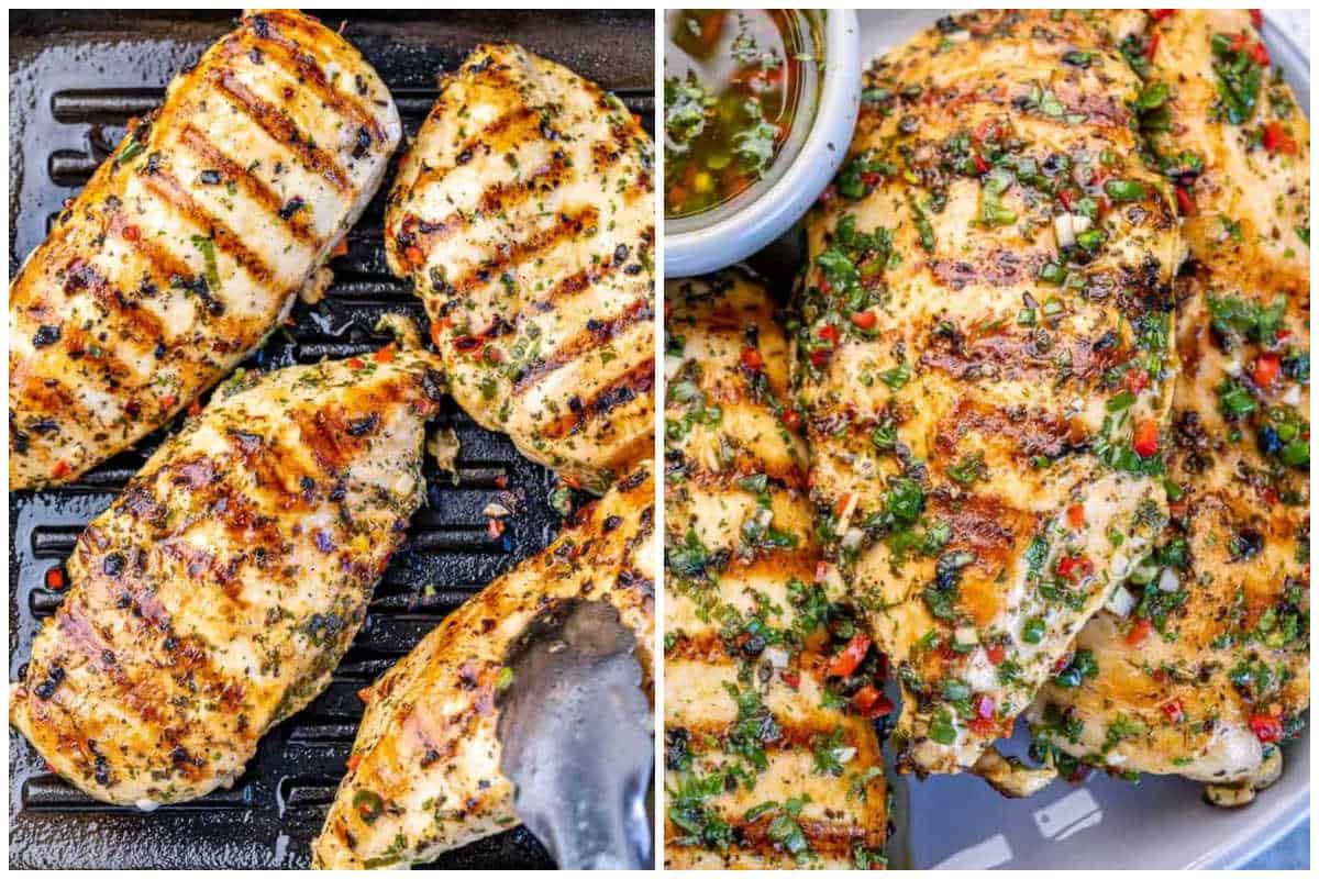 process shot to grill the chicken and add chimichurri sauce over it. 