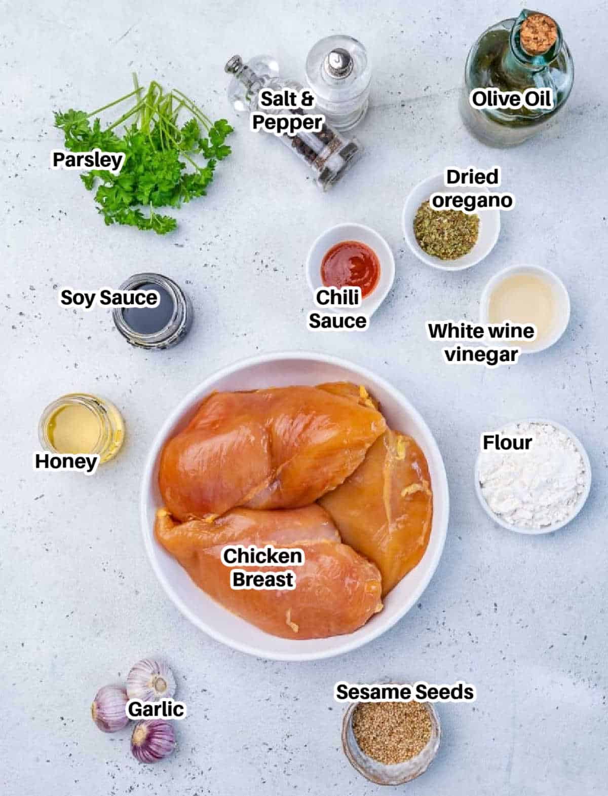 ingredients to make honey garlic chicken bites.