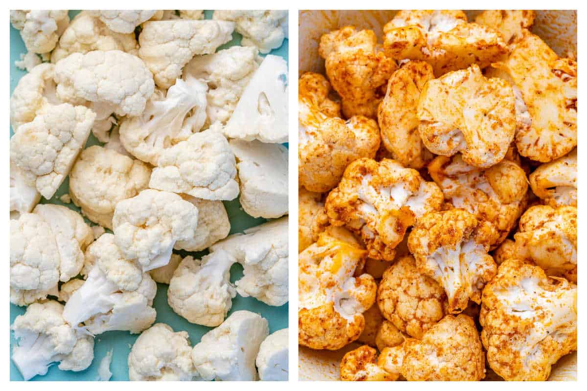 Process shot to season cauliflower florets.
