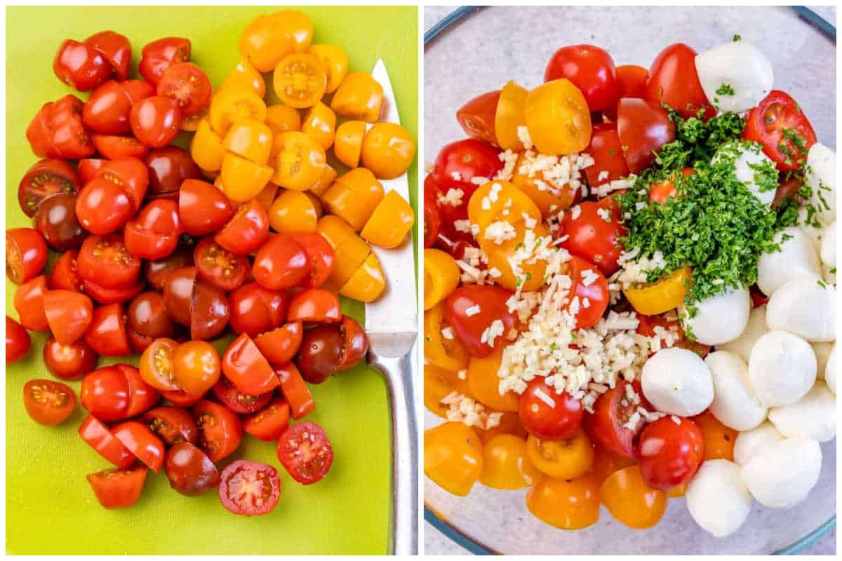 process shot for tomato and mozzarella salad.