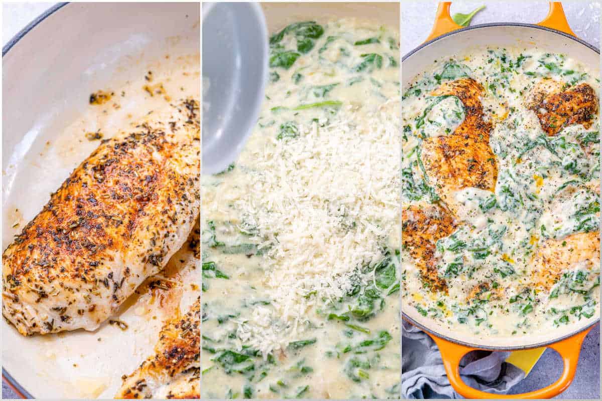process shots to make creamy chicken and spinach in a skillet.