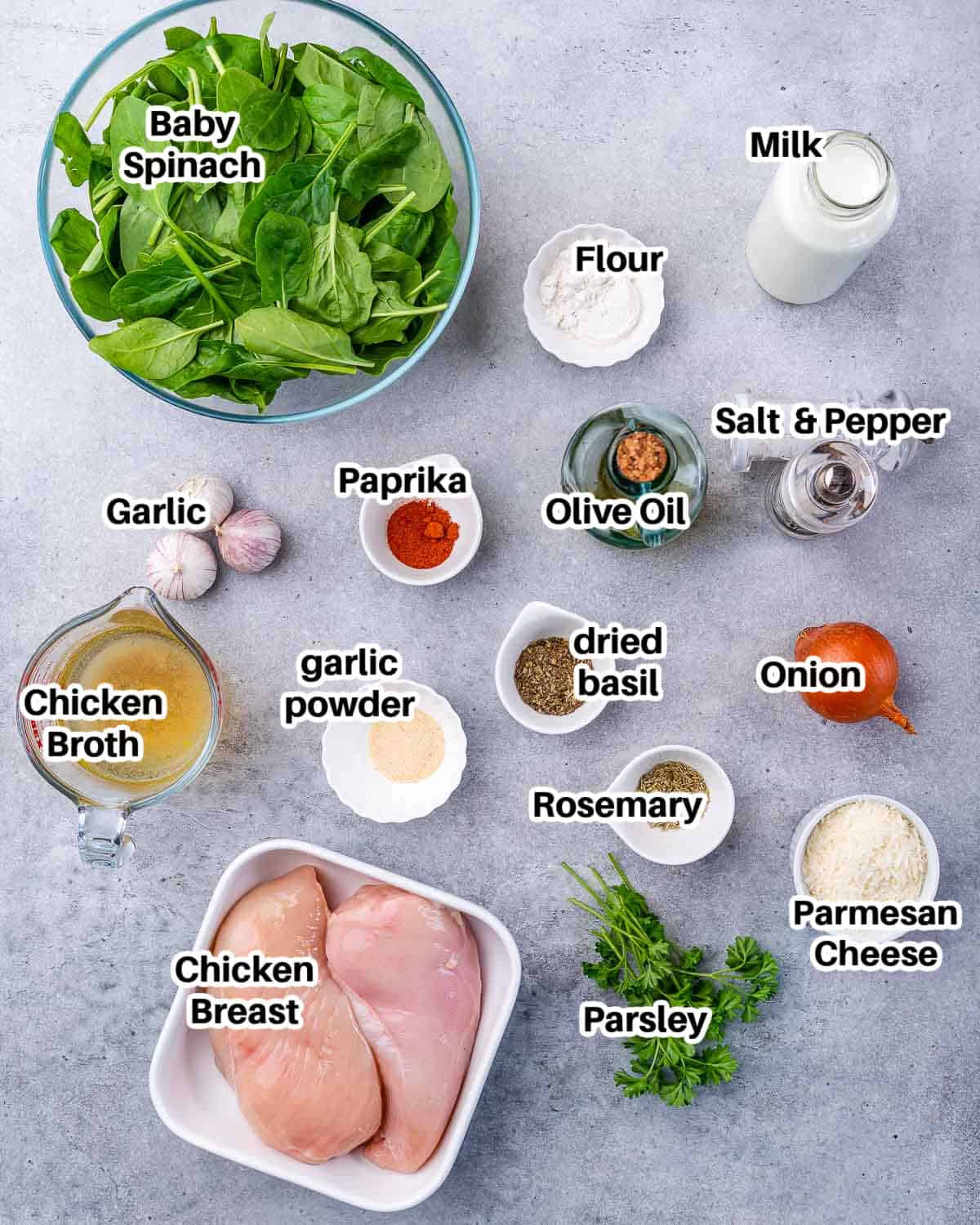 Ingredients to make creamy chicken and spinach.
