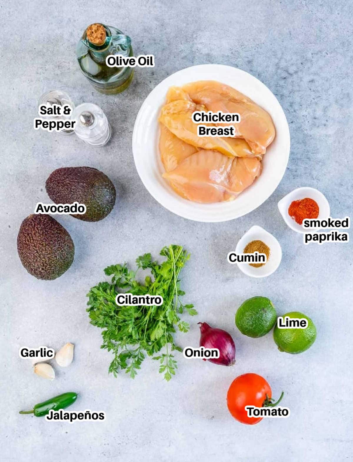 ingredients to make grilled chicken and salsa.