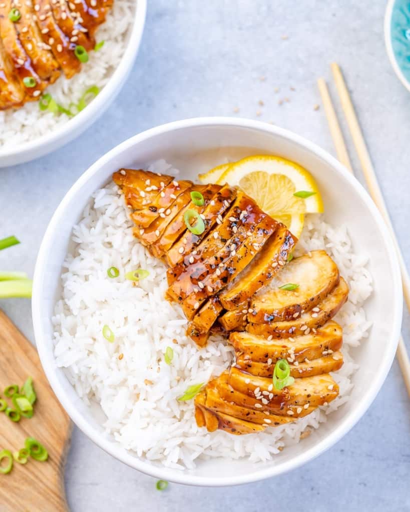 top shot of the chicken teriyaki with rice in a white bowl