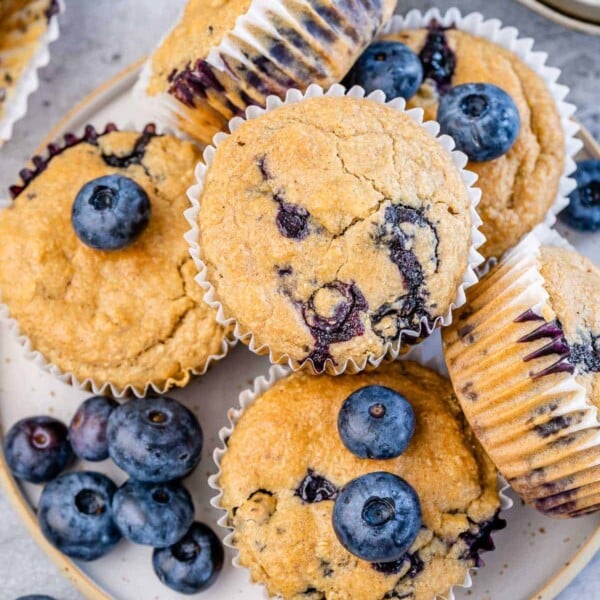 top view of blueberry muffins on a plate