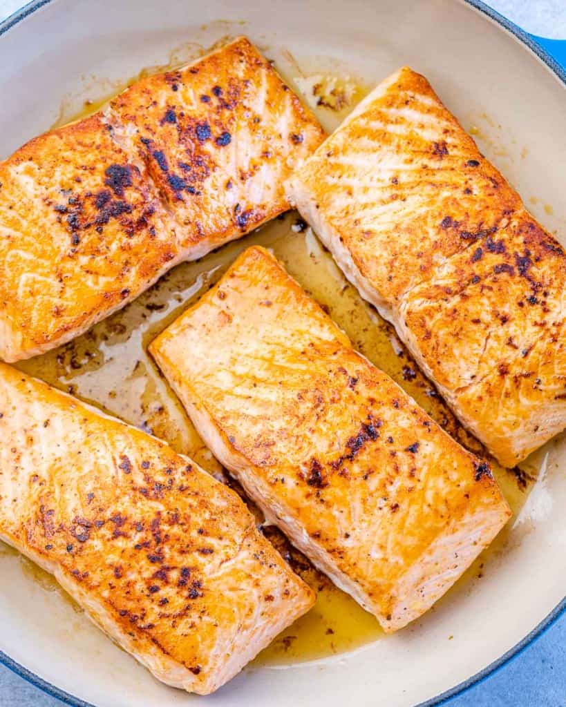cooked salmon filets in pan without the glaze