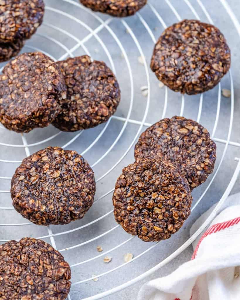 chocolate oat cookies on wire rack