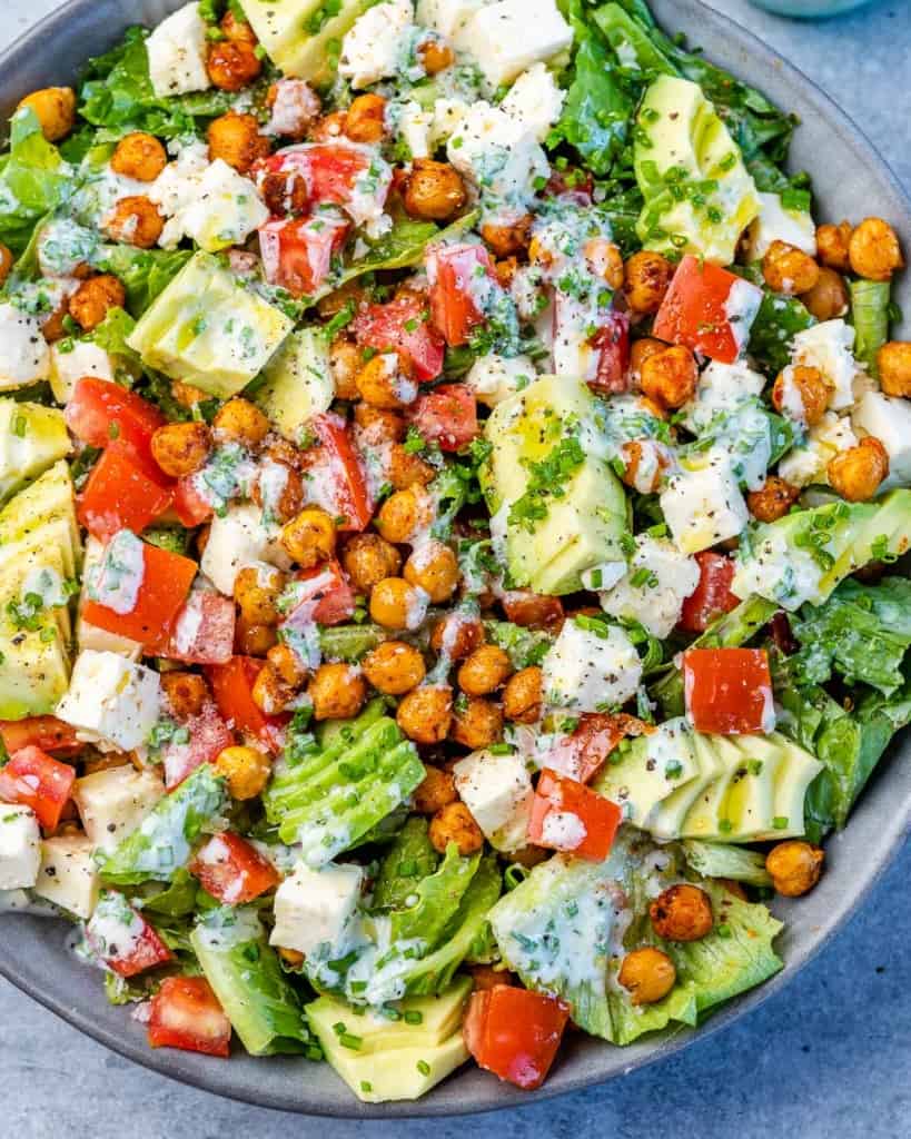 close up salad with roasted cauliflower and avocado